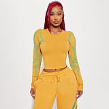 Autumn/Winter Round Neck Pullover Printed Top and Elastic Drape High Waist Straight Leg Pants Set XYWL-25ST398