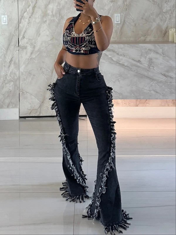 New Retro Frayed Edge Trendy Cool Floor-length Flared Jeans XINH-80923