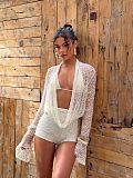Sexy Lace Openwork Long-sleeved Halter Neck Suspender Slim-fit Shorts Three-piece Set XS-1051