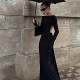 Sexy Backless Chain-embellished Fitted Long-sleeved Dress SXE-86126