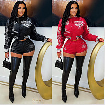2025 Elastic PU Leather Embroidered Baseball Jacket + Sexy Shorts Two-Piece Set YNS-8018