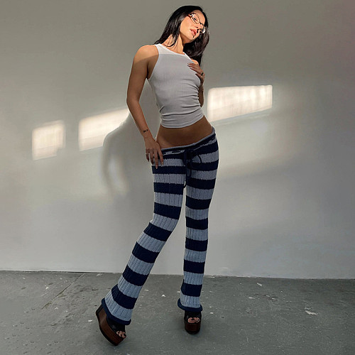 2025 Autumn/Winter New Striped Color-Blocked Knit Slim Fit Trousers ZJQD-87403