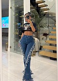 New Retro Frayed Edge Trendy Cool Floor-length Flared Jeans XINH-80923