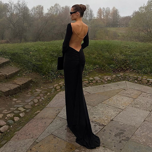 Sexy Backless Chain-embellished Fitted Long-sleeved Dress SXE-86126