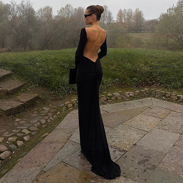 Sexy Backless Chain-embellished Fitted Long-sleeved Dress SXE-86126