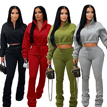 Stylish Zipper High Neck Fitted Fleece Sweatshirt and Drawstring Pants Tracksuit PMR-TW605