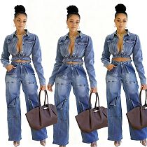 Stylish Stretch Multi-Pocket Washed Denim Suit CM-9537