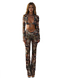 Sexy Cropped Top With Camouflage Print Pants Set SHD-9577
