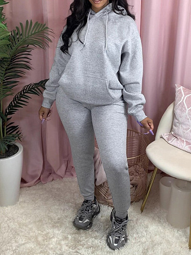 Solid Color Fleece-lined Sweatshirt Running Suit Two-piece Set AIL-340