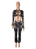 Sexy Cropped Top With Camouflage Print Pants Set SHD-9577