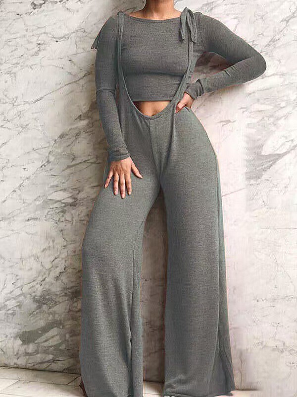 Stylish Solid Color Long-sleeved T-shirt and Wide-leg Overalls Two-piece Set BLX-86001