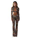 Sexy Cropped Top With Camouflage Print Pants Set SHD-9577