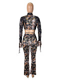 Sexy Cropped Top With Camouflage Print Pants Set SHD-9577
