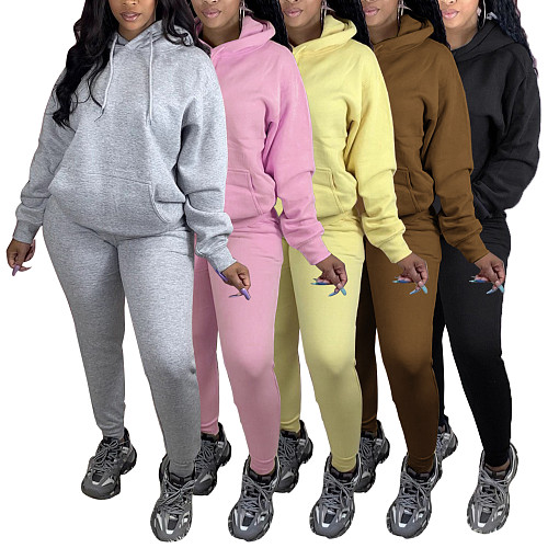 Solid Color Fleece-lined Sweatshirt Running Suit Two-piece Set AIL-340