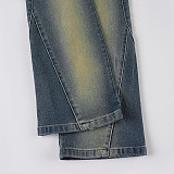 Retro Patchwork Distressed Segmented Low-rise Slim-fit Straight Leg Jeans MRA-43074