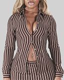 Stylish Color-blocked Striped Long-sleeved Collared Top and Bodycon Mini Skirt Set XS-1322