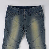 Retro Patchwork Distressed Segmented Low-rise Slim-fit Straight Leg Jeans MRA-43074