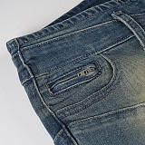 Retro Patchwork Distressed Segmented Low-rise Slim-fit Straight Leg Jeans MRA-43074