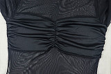 Solid Color Slightly Sheer Stand Collar Long Sleeve Pleated Short A-line Dress JY-303657