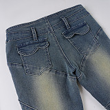 Retro Patchwork Distressed Segmented Low-rise Slim-fit Straight Leg Jeans MRA-43074