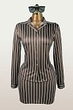 Stylish Color-blocked Striped Long-sleeved Collared Top and Bodycon Mini Skirt Set XS-1322