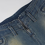 Retro Patchwork Distressed Segmented Low-rise Slim-fit Straight Leg Jeans MRA-43074