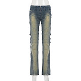 Retro Patchwork Distressed Segmented Low-rise Slim-fit Straight Leg Jeans MRA-43074