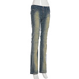 Retro Patchwork Distressed Segmented Low-rise Slim-fit Straight Leg Jeans MRA-43074