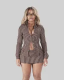 Stylish Color-blocked Striped Long-sleeved Collared Top and Bodycon Mini Skirt Set XS-1322