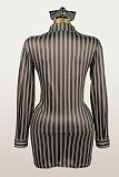 Stylish Color-blocked Striped Long-sleeved Collared Top and Bodycon Mini Skirt Set XS-1322