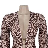 Sexy Deep V Leopard Print Slit Bodycon Dress BY-7571