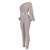 Sexy V-neck Backless Tie-up short Lantern Sleeve Top and Tight Pants Two-piece Set FN-6055