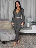 Sexy V-neck Backless Tie-up short Lantern Sleeve Top and Tight Pants Two-piece Set FN-6055