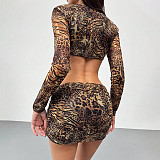 Sexy Leopard Print V-neck Long-sleeved Top and Low-waisted Skirt Set SXE-85189