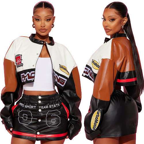 Autumn/Winter Elastic PU Leather Position Print Sexy Motorcycle Mini Skirt Set YNS-8016