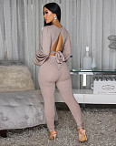 Sexy V-neck Backless Tie-up short Lantern Sleeve Top and Tight Pants Two-piece Set FN-6055