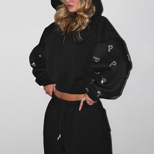 New Letter Rhinestone Hooded Sweatshirt Set with Loose Straight Leg Pants SXE-84561