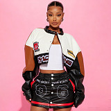 Autumn/Winter Elastic PU Leather Position Print Sexy Motorcycle Mini Skirt Set YNS-8016