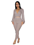 Sexy V-neck Backless Tie-up short Lantern Sleeve Top and Tight Pants Two-piece Set FN-6055