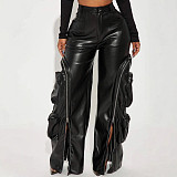Stylish Zippered Detachable Multi-pocket Leather Pants YUNM-25035