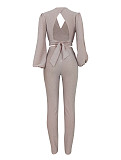 Sexy V-neck Backless Tie-up short Lantern Sleeve Top and Tight Pants Two-piece Set FN-6055