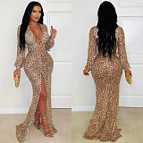 Sexy Deep V Leopard Print Slit Bodycon Dress BY-7571