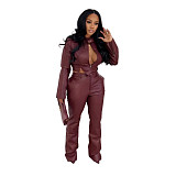 New Fashionable Stretch Leather Jacket and Pants Set MEM-88674