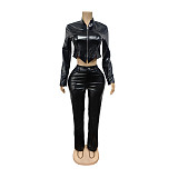 New Fashionable Stretch Leather Jacket and Pants Set MEM-88674