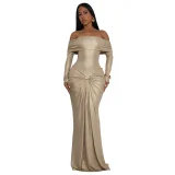 Sexy Off-shoulder Fitted Long-sleeved Shiny Evening Dress YF-10929