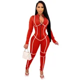 Sexy Solid Color Striped Long-sleeved Tight-fitting Jumpsuit YF-9756