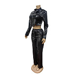 New Fashionable Stretch Leather Jacket and Pants Set MEM-88674