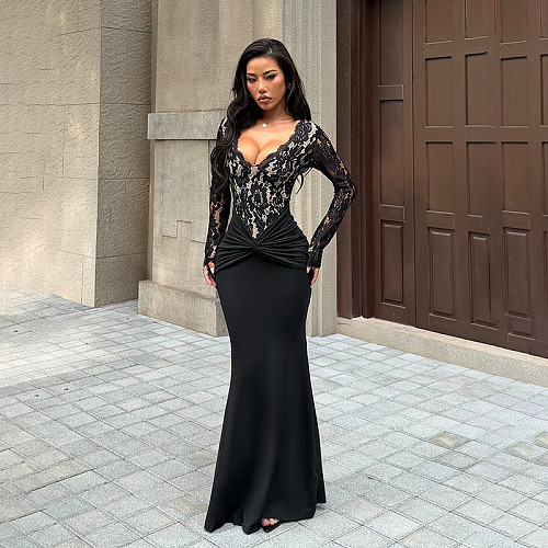 Sexy V-neck Lace Long-sleeved Bodycon Dress SUM-25491