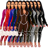 Sexy Solid Color Striped Long-sleeved Tight-fitting Jumpsuit YF-9756