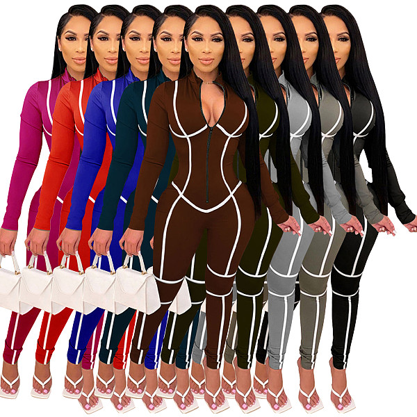 Sexy Solid Color Striped Long-sleeved Tight-fitting Jumpsuit YF-9756